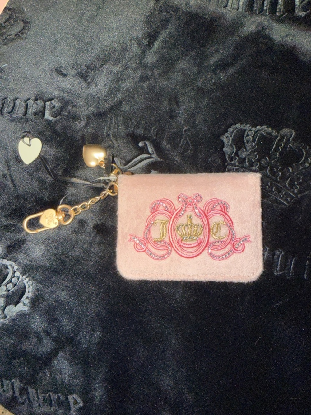 Juicy Couture Pink Velvet Embroidered Cardholder Key Chain with Gold Accents